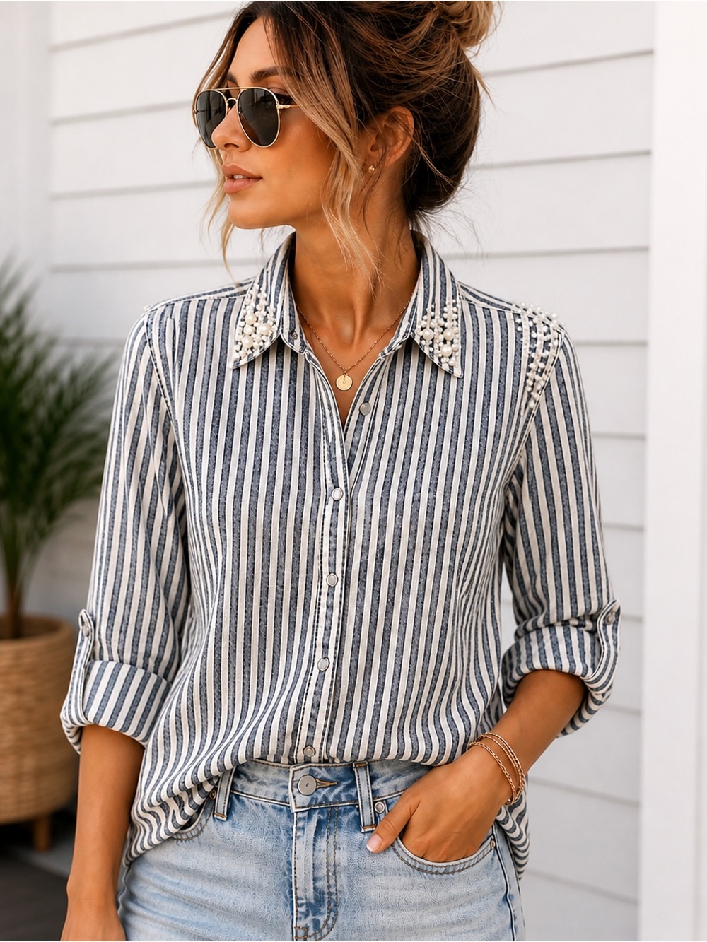 Key Largo Pearl Embellished Striped Button Down Shirt Medium Blue White Cotton